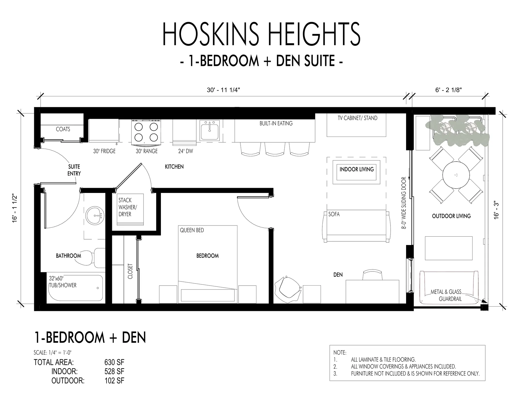 Plan C.1 1-Bedroom + Den floor plan, 630 sq ft