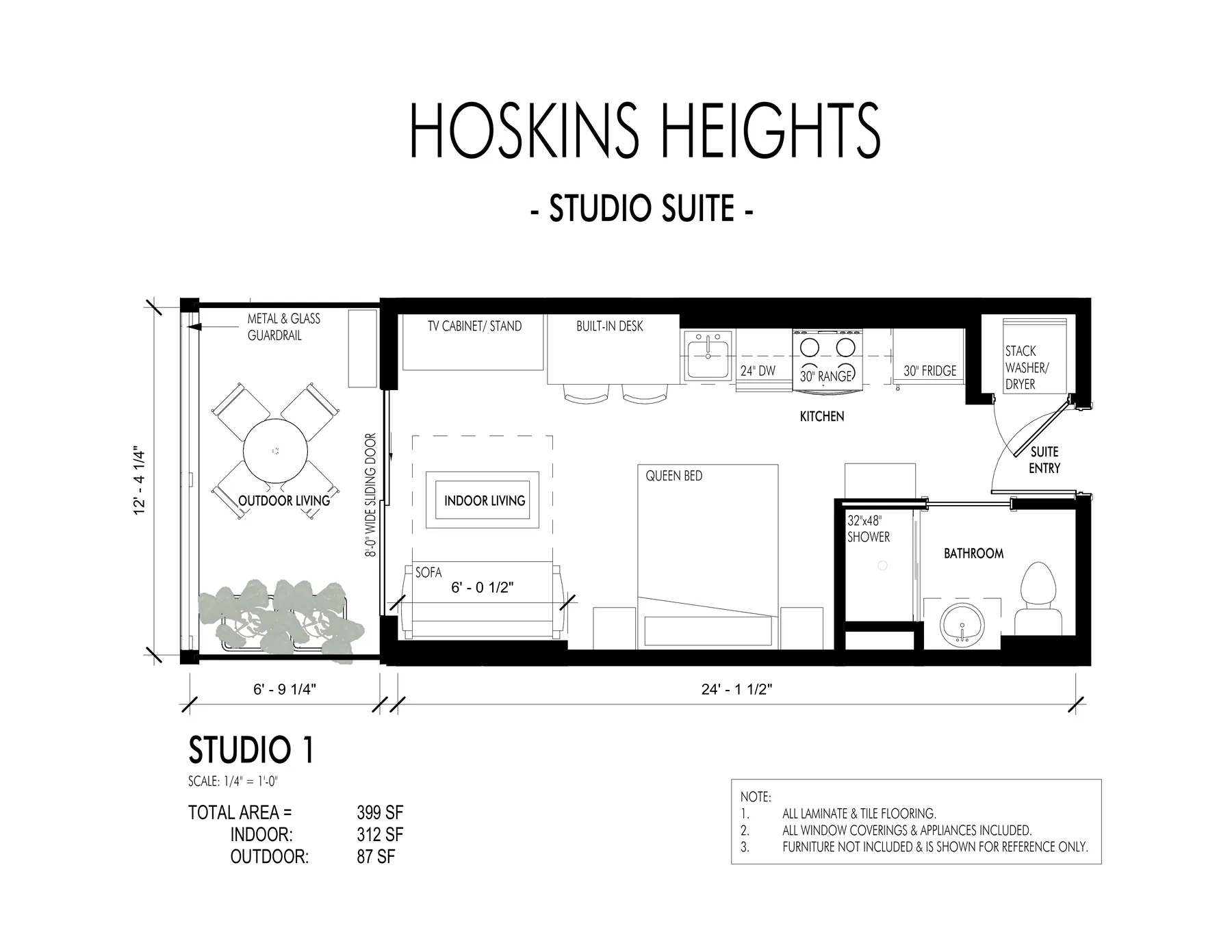 Plan A.1 Studio floor plan, 399 sq ft