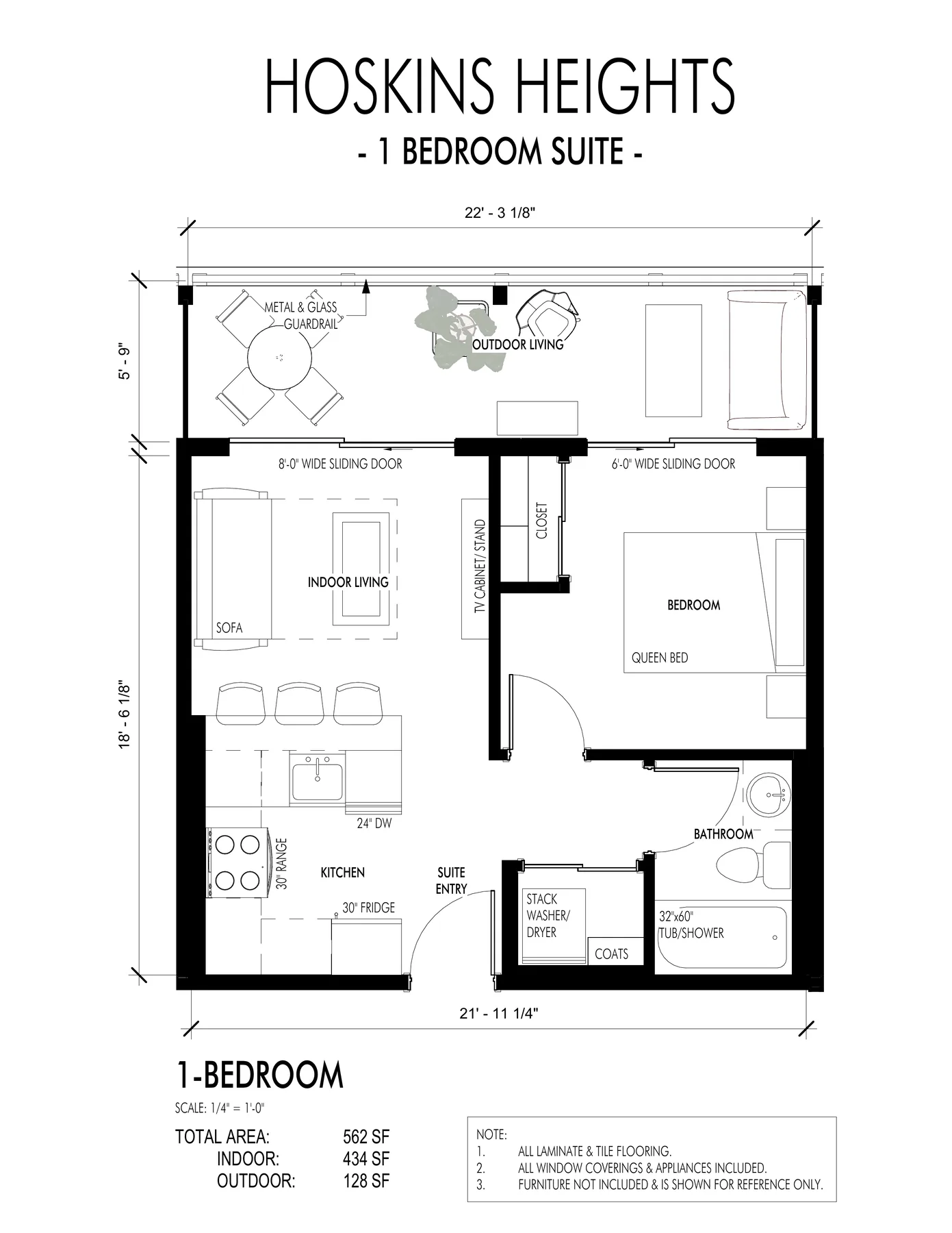Plan B 1-Bedroom floor plan, 562 sq ft