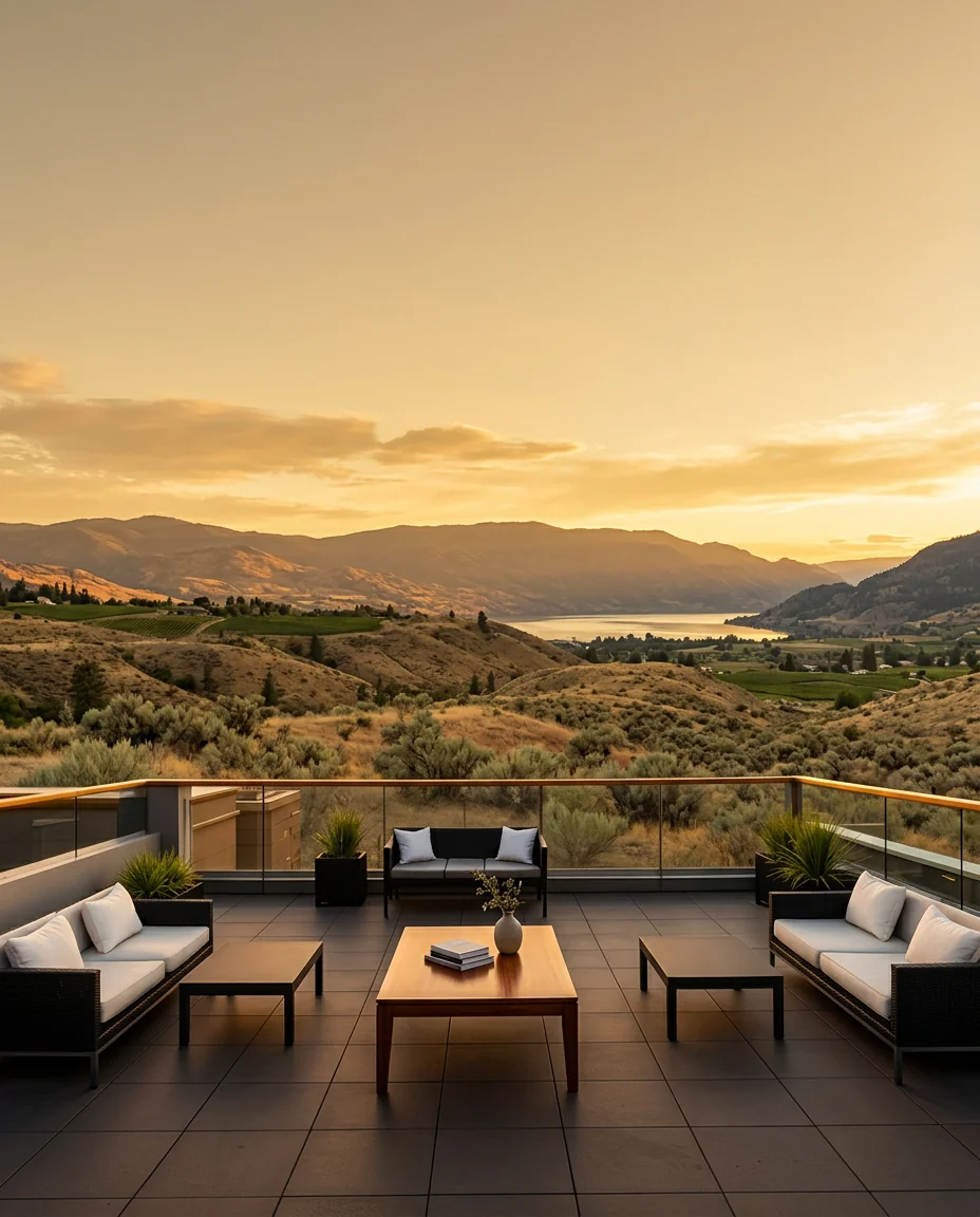 Rooftop amenity terrace with lounge seating and a low table overlooking the Okanagan Valley at sunset