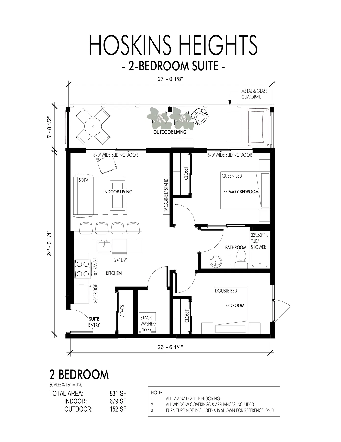 Plan D 2-Bedroom floor plan, 831 sq ft